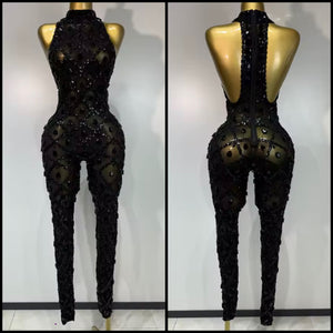 Women Black Sexy Sleeveless Sequins Crystal Mesh Jumpsuit