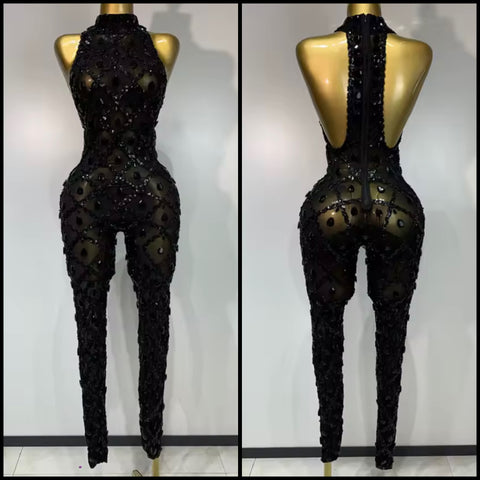 Women Black Sexy Sleeveless Sequins Crystal Mesh Jumpsuit