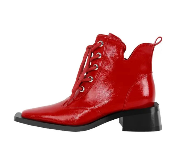 Women Pointed Toe Patent Leather Lace Up Flat Ankle Boots