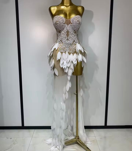 Women Sexy Strapless Beaded Feather Side Split Mesh Maxi Dress