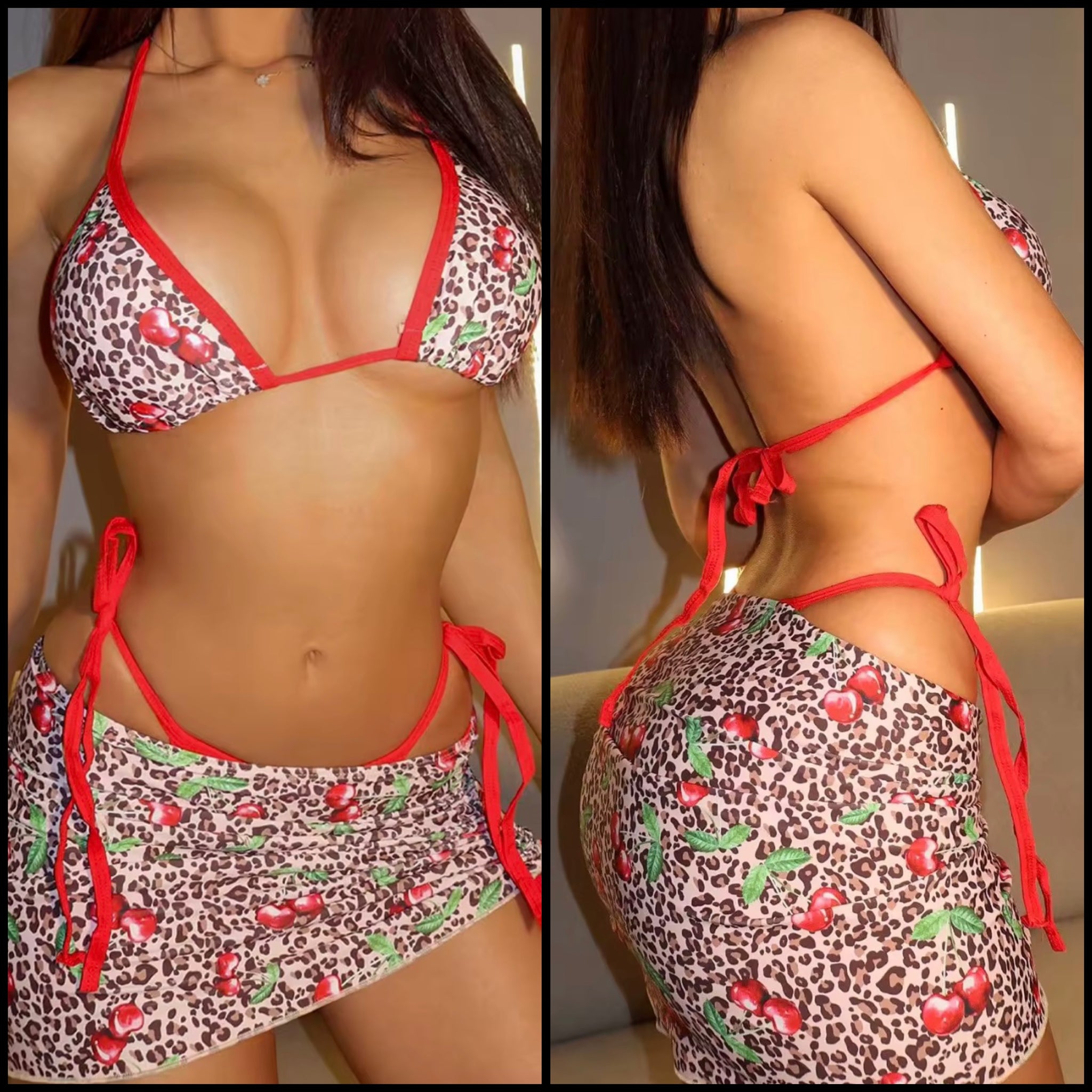 Women Sexy Halter Cherry Leopard Print Bikini Cover Up Set