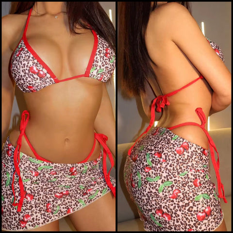 Women Sexy Halter Cherry Leopard Print Bikini Cover Up Set