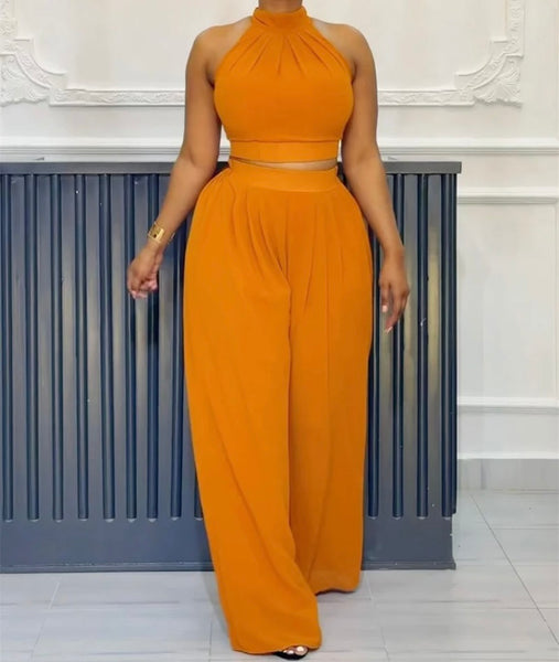 Women Solid Color Sleeveless Crop Two Piece Wide Leg Pant Set