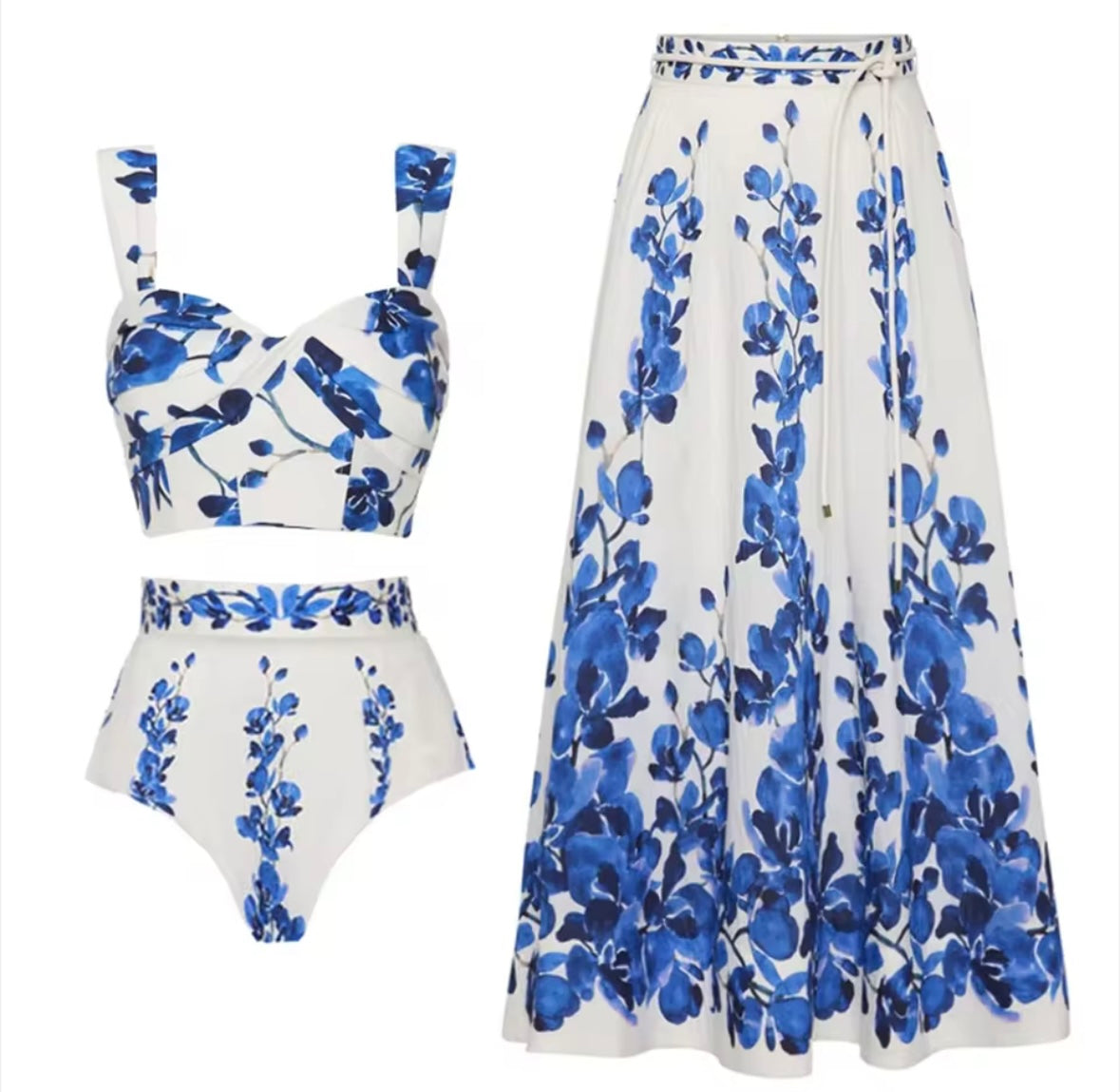 Women White Blue Floral Bikini/Swimsuit Cover Up Set