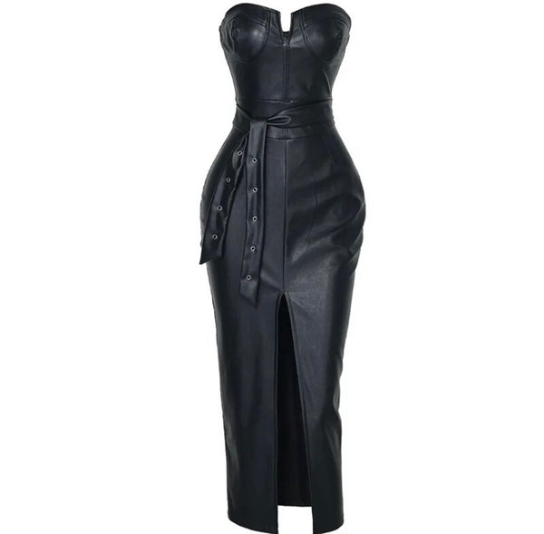 Women Sexy Black Strapless Faux Leather Belted Dress