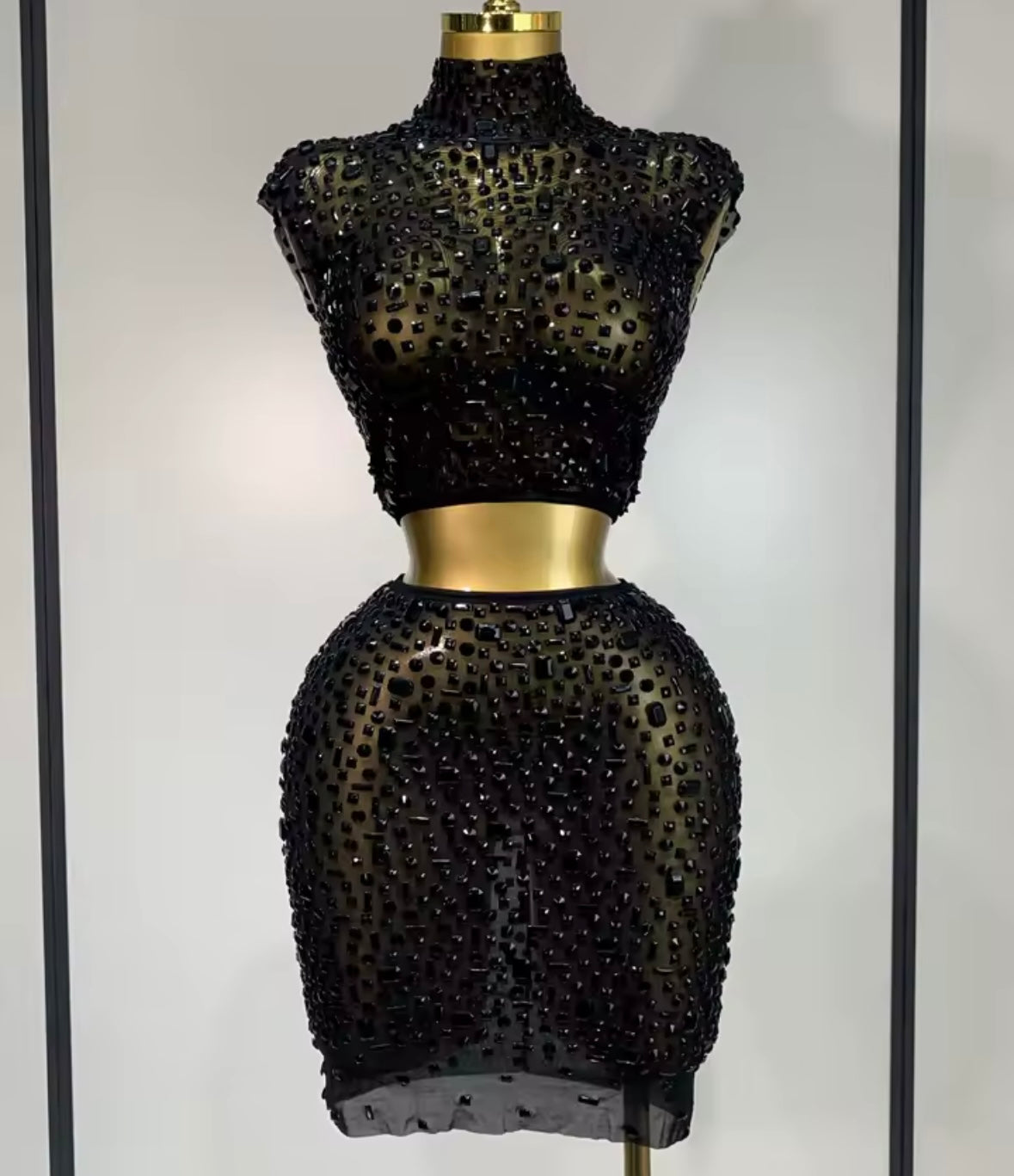 Women Sexy Sleeveless Crystal Mesh Two Piece Skirt Set