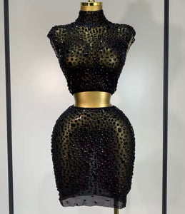 Women Sexy Sleeveless Crystal Mesh Two Piece Skirt Set