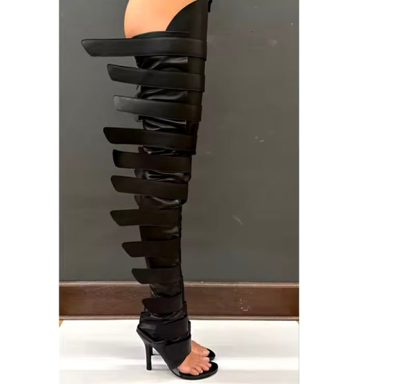 Women Fashion Open Toe Over The Knee Black Snap Boots