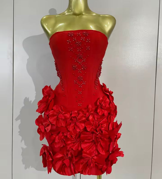 Women Sexy Strapless Floral Beaded Bandage Dress