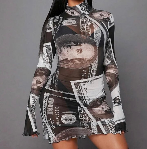 Women Sexy B&W Money Print Full Sleeve Mesh Dress