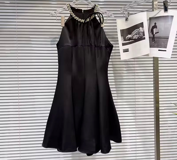 Women Rhinestone Sleeveless Satin Sexy Dress