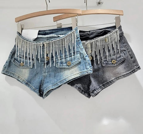 Women Fashion Pocket Rhinestone Tassel Denim Shorts