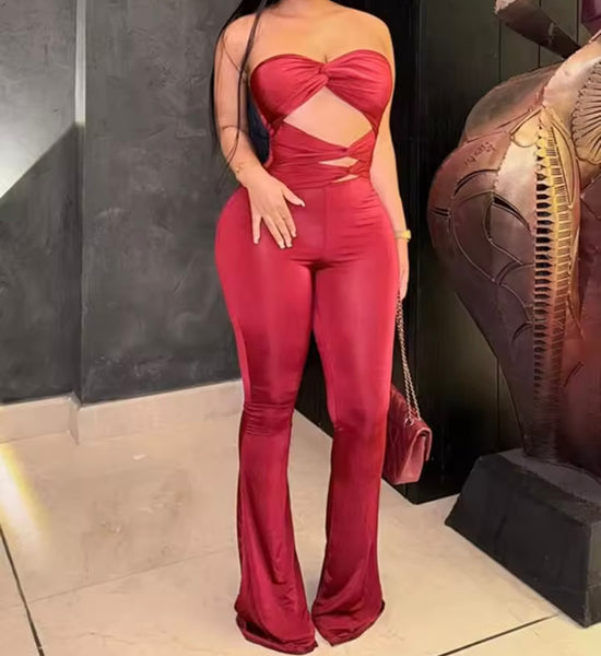 Women Red Sexy Strapless Cut Out Jumpsuit