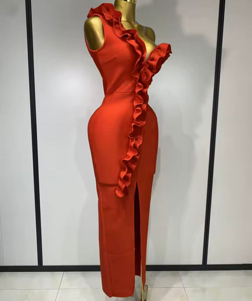 Women Red Ruffled One Shoulder Sleeveless Maxi Dress