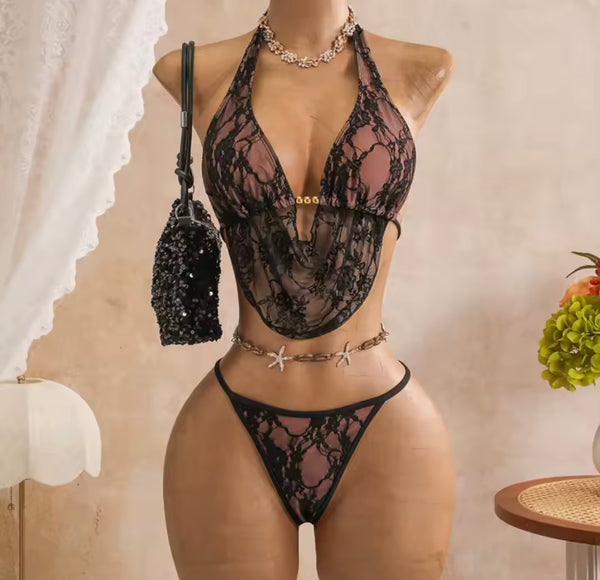 Women Sexy Tie Up Halter Lace Bikini Cover Up Set