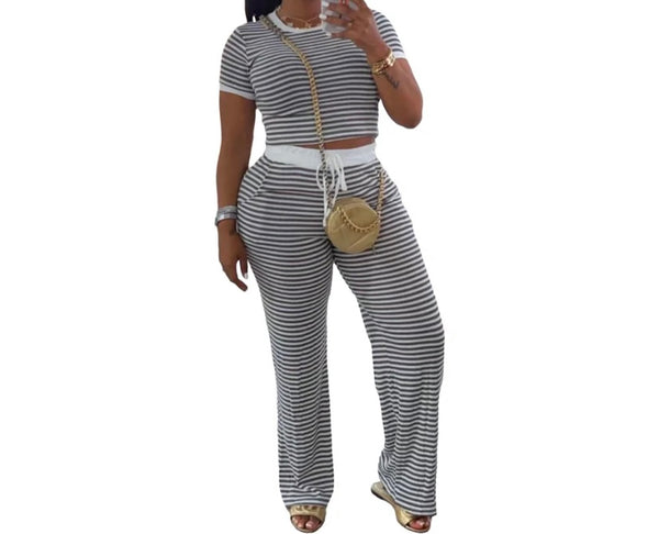 Women Striped Fashion Short Sleeve Two Piece Pant Set