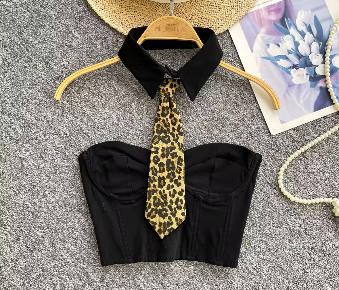 Women Strapless Collar Leopard Tie Fashion Crop Top