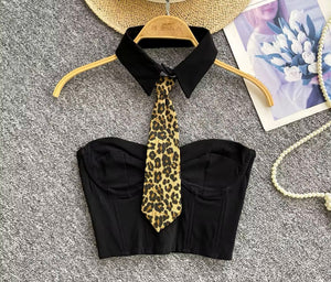 Women Strapless Collar Leopard Tie Fashion Crop Top