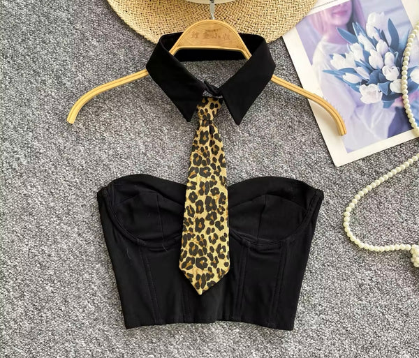 Women Strapless Collar Leopard Tie Fashion Crop Top