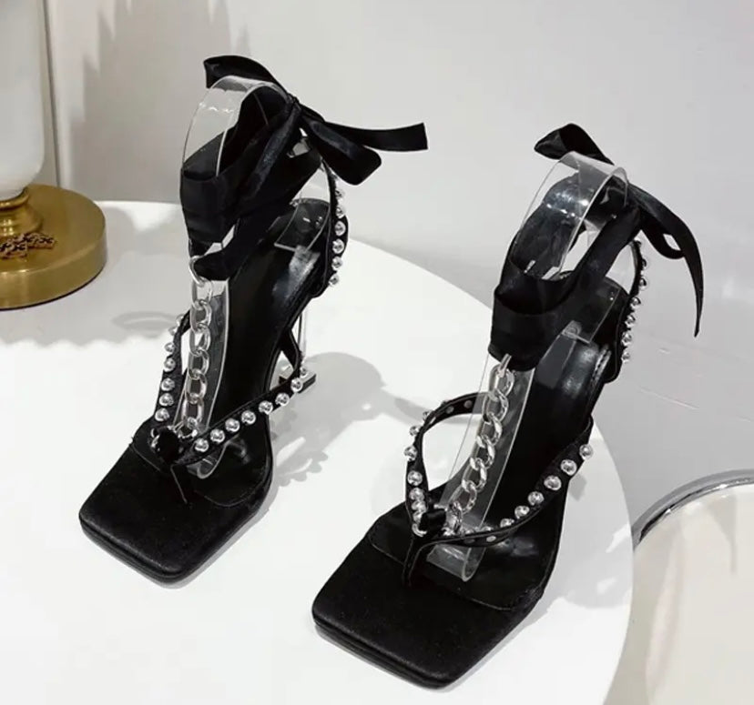 Women Rivet Chain Fashion Lace Up High Heel Sandals