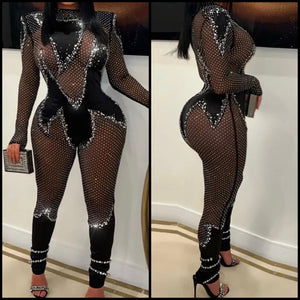 Women Sexy Black Bling Mesh Patchwork Full Sleeve Jumpsuit