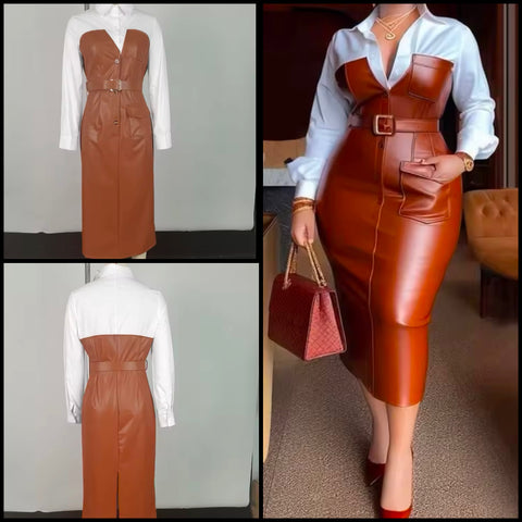 Women Sexy Fashion Collar Faux Leather Full Sleeve Maxi Dress