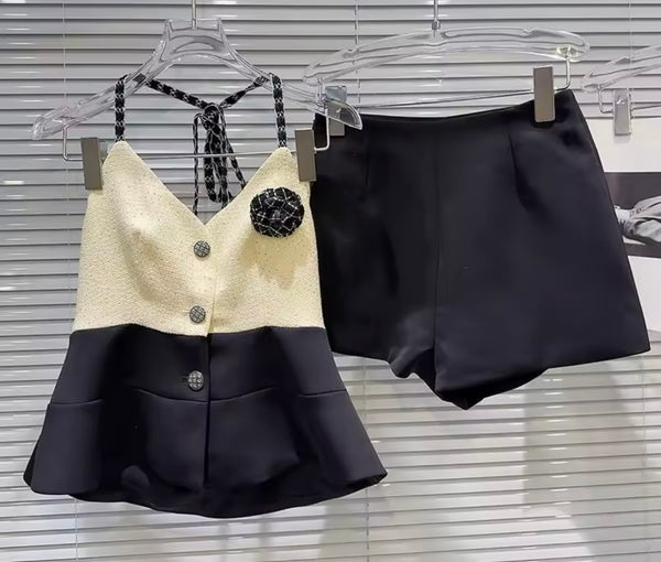 Women Sexy Halter Sleeveless Color Patchwork Two Piece Short Set