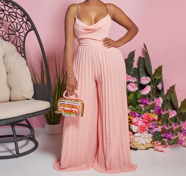 Women Sexy Chain Sleeveless Open Back Pleated Wide Leg Jumpsuit