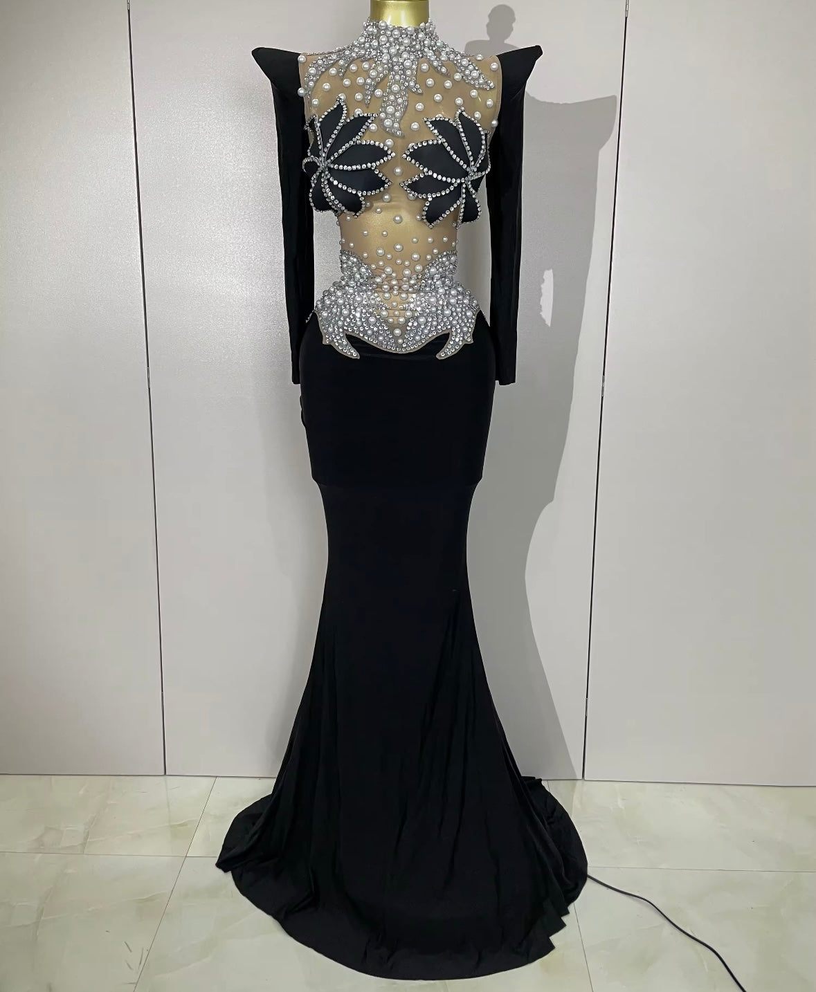 Women Sexy Rhinestone Pearl Mesh Patchwork Maxi Dress