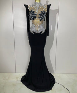 Women Sexy Rhinestone Pearl Mesh Patchwork Maxi Dress