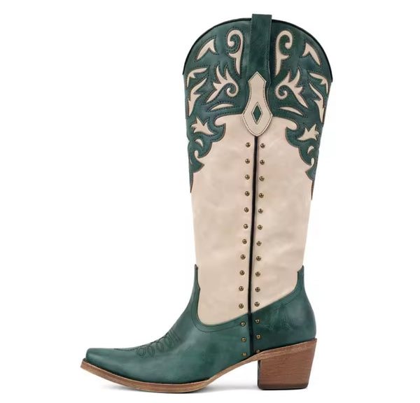 Women Color Patchwork Fashion Knee High Western Boots