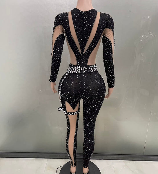 Women Sexy Black Bling Mesh Patchwork Full Sleeve Jumpsuit