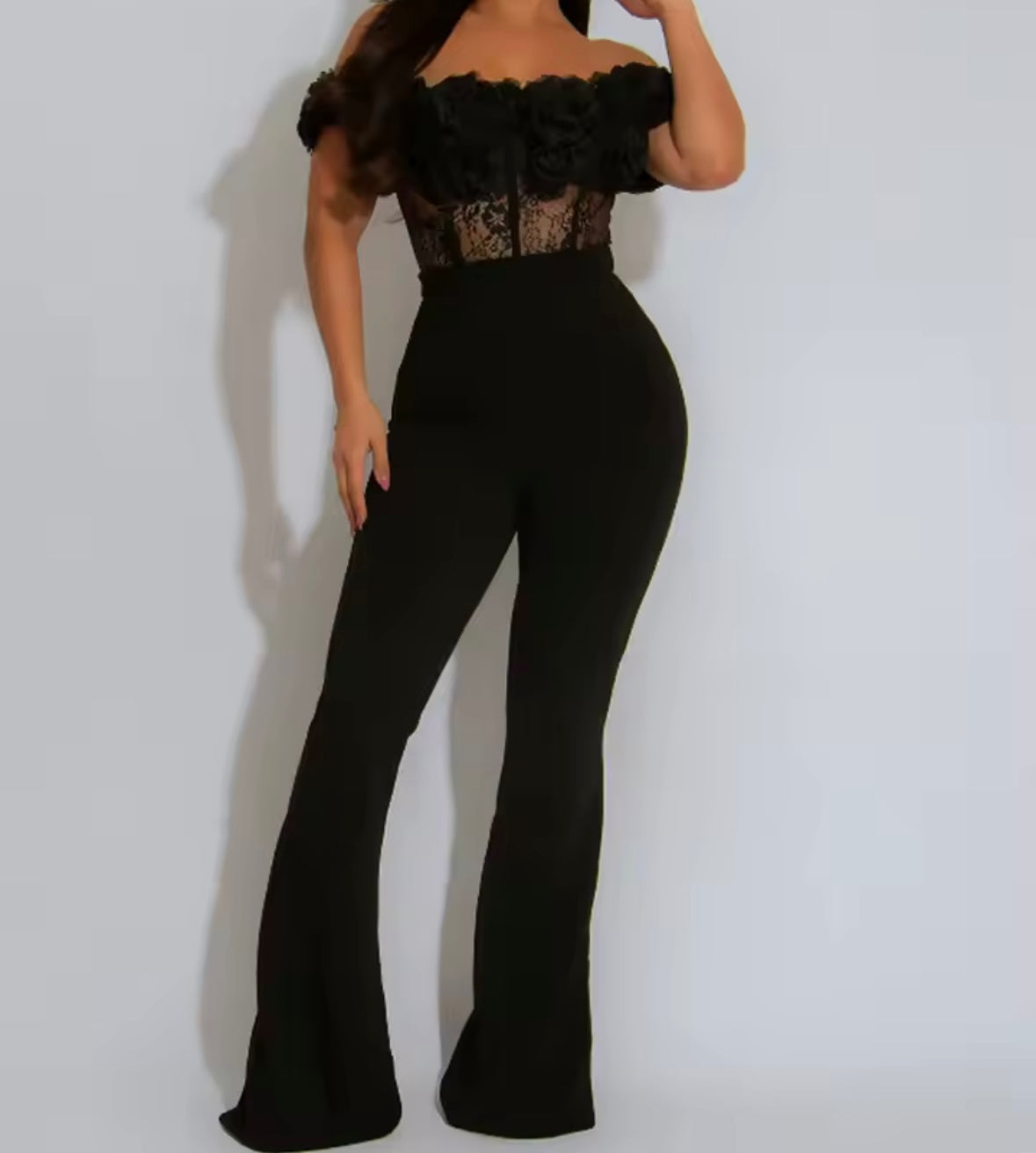 Women Sexy Ruffled Off The Shoulder Lace Patchwork Jumpsuit