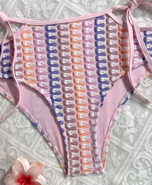 Women Pink Colorful Print Knitted Bikini Swimsuit