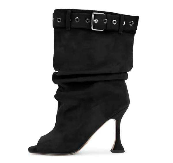 Women Color Open Toe Suede Buckle Ruched High Heel Boots
