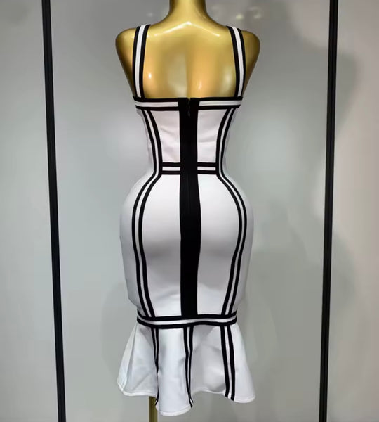 Women Sexy Sleeveless White Striped Ruffled Dress