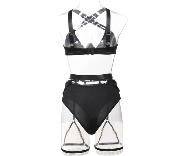 Women Black Sexy Criss Cross Halter Lingerie Set