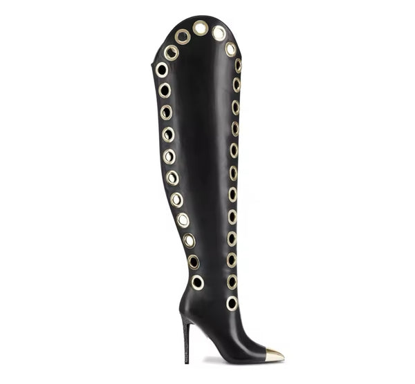 Women Fashion Metal Pointed Toe  Round Rings Knee High Boots