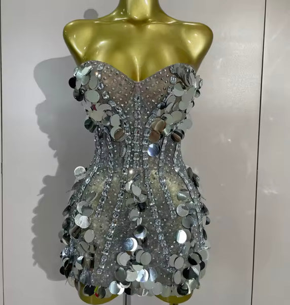 Women Sexy Strapless Sequins Rhinestone Mesh Dress