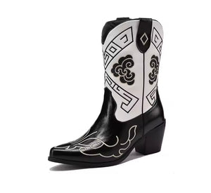 Women Fashion B&W Printed Faux Leather Western Boots