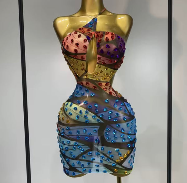 Women Sexy Sleeveless Open Back Colorful Rhinestone Dress