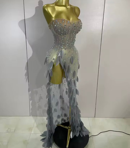 Women Silver Strapless Sequins Rhinestone Side Split Maxi Dress