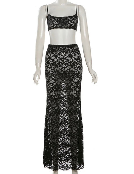 Women Sexy Black Lace Sleeveless Two Piece Maxi Skirt Set