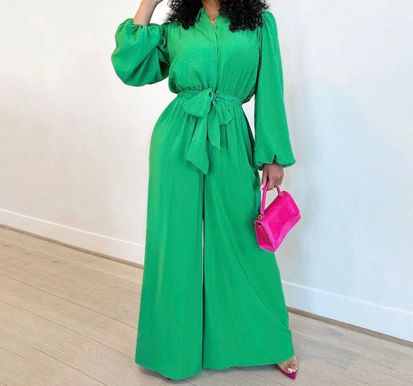 Women Fashion Button Up Solid Color Belted Full Sleeve Jumpsuit