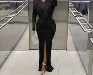 Women Sexy Solid Color Ruched Full Sleeve Maxi Dress