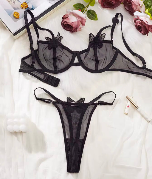 Women Sexy Black Sequins Mesh Thong Lingerie Set