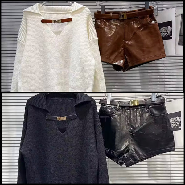 Women Fashion Buckled Sweater Two Piece Faux Leather Short Set