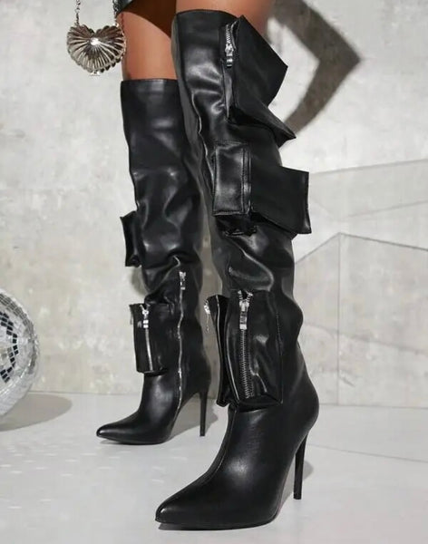 Women Fashion Zipper Pocket Knee High Boots