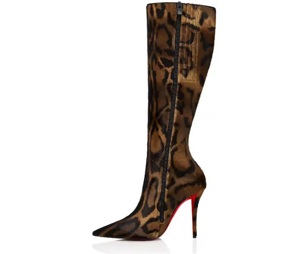 Women Fashion Leopard/Black High Heel Knee Length Boots
