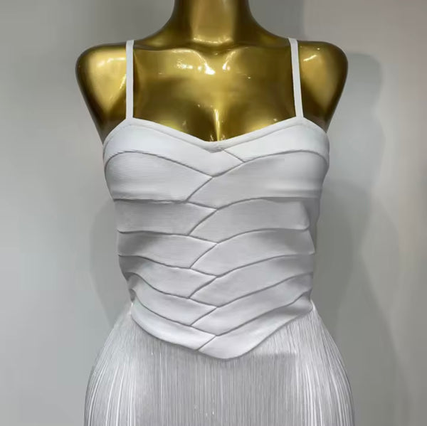 Women Sexy White Sleeveless Fringe Tassel Maxi Dress